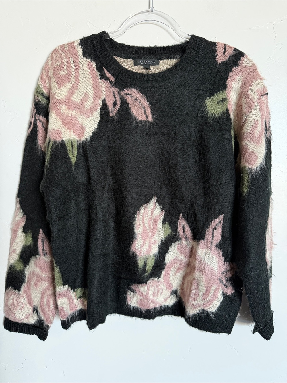 Liverpool Black Crewneck Sweater with Pink Rose Motif